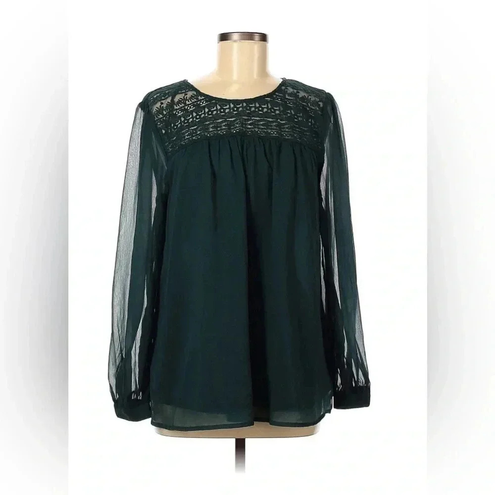 HM Dark Green‎ Lace Yoke Long Sleeve Sheer Blouse Top Size 8